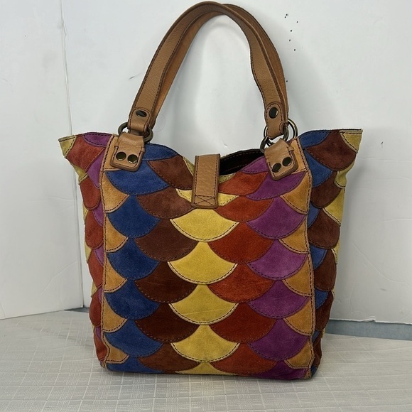 LUCKY BRAND MultiColor Scallop Patchwork Leather Shoulder Boho Tote - Picture 3 of 11